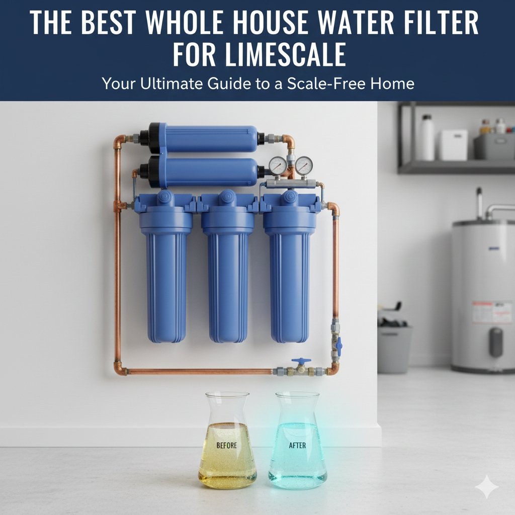 An artistic, high-impact image of a large, cylindrical whole house water filter system, positioned near a clean home, representing the best solution for comprehensive limescale reduction offered by a professional pp cotton household water purifier company.