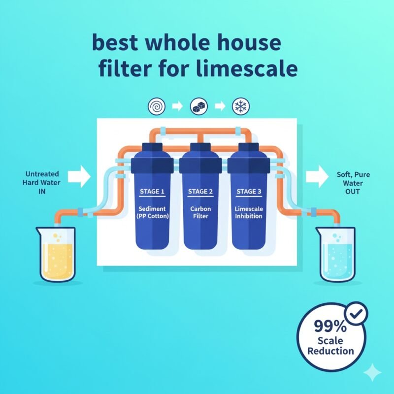 Diagrammatic illustration (alternate style) showcasing the flow of water through a best whole house water filter for limescale, demonstrating various stages including PP cotton and softening media, essential for an educational post from the water purifier company.