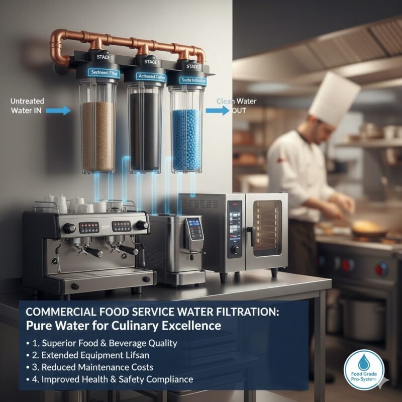 Modern commercial food service water filtration setup for beverage machines in a cafe, ensuring consistent water quality from a professional pp cotton household water purifier company.