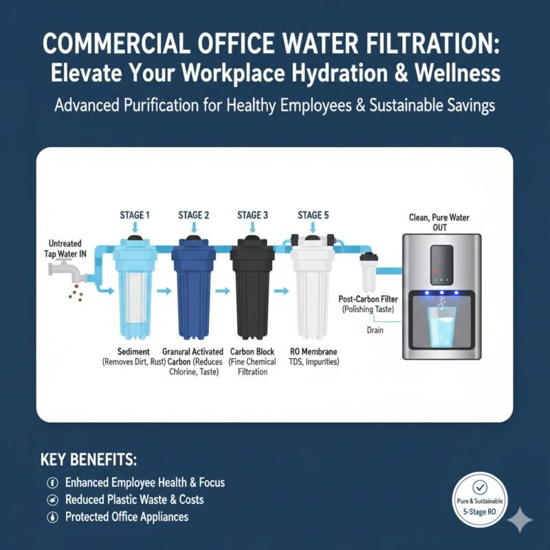 Modern commercial office water filtration system integrated into a corporate breakroom, providing healthy drinking water for employees, manufactured by a reliable pp cotton household water purifier company for small businesses.