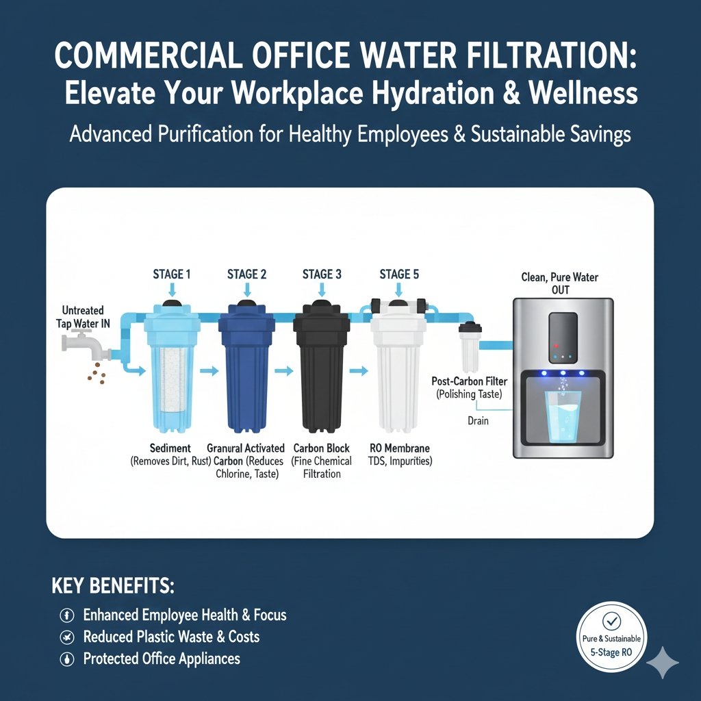 Modern commercial office water filtration system integrated into a corporate breakroom, providing healthy drinking water for employees, manufactured by a reliable pp cotton household water purifier company for small businesses.