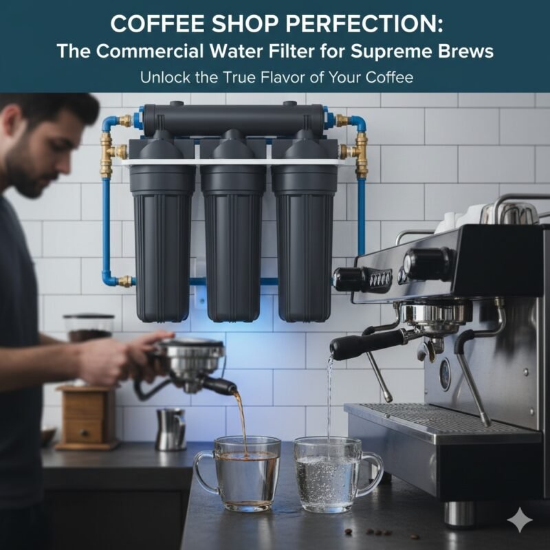 An original cover image showing a compact commercial water filter system installed near a professional espresso machine in a modern coffee shop, highlighting purified water quality essential for beverages, offered by a pp cotton household water purifier company.