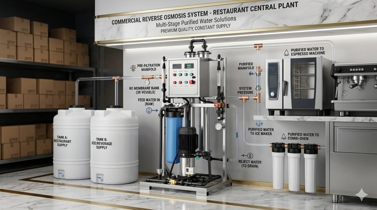 High-capacity commercial water filter for restaurant central supply featuring a multi-stage reverse osmosis system with dual storage tanks and direct plumbing to espresso machines and ice makers.