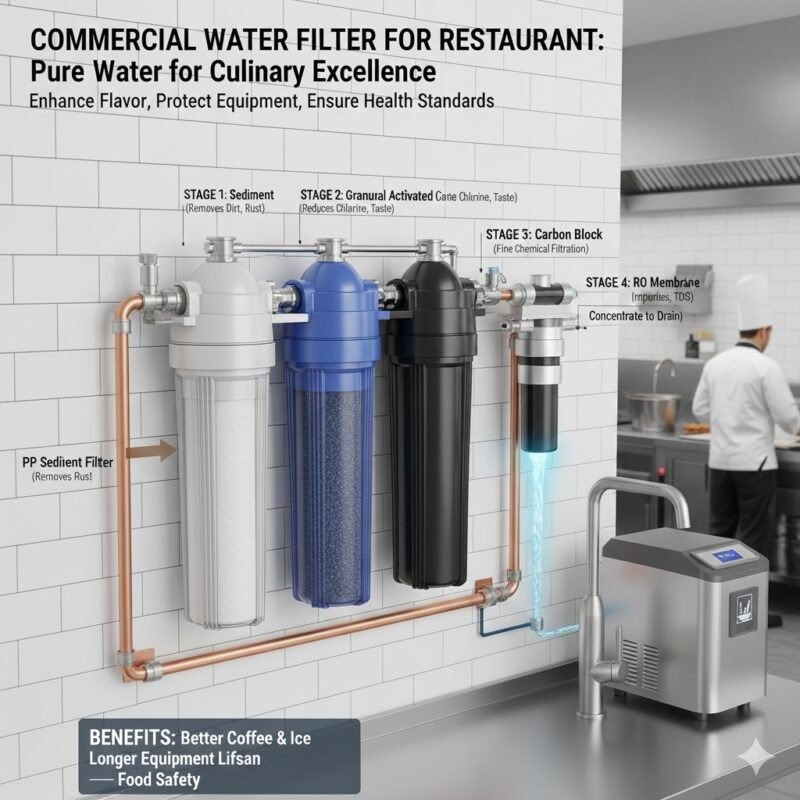 Professional commercial water filter for restaurant installation shown under a prep sink, providing clean water for cooking and drinks, supplied by a leading pp cotton household water purifier company for small business owners.