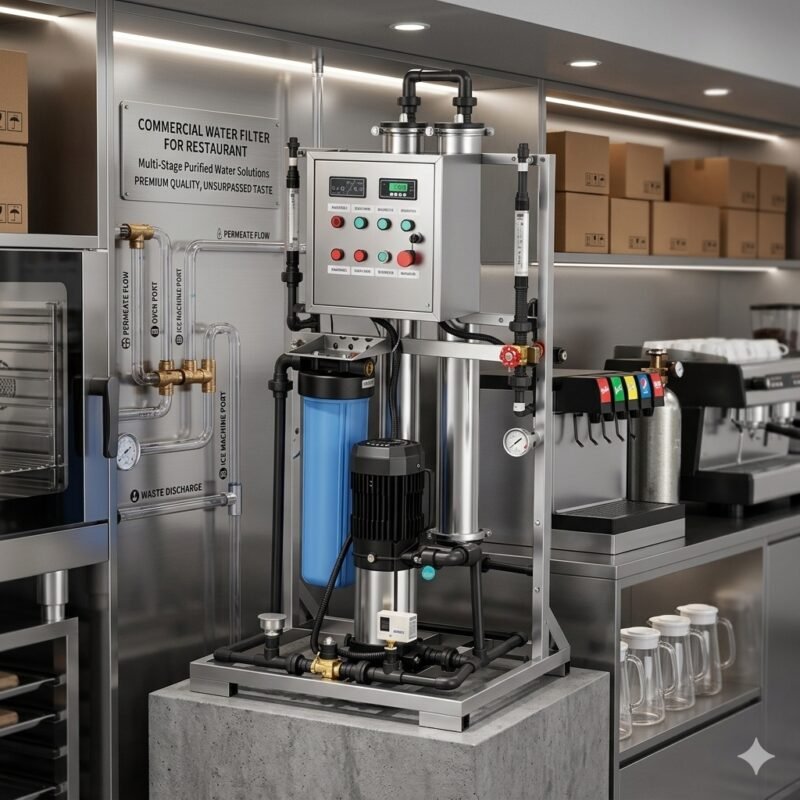A heavy-duty commercial water filter for restaurant back-of-house installation mounted on a concrete base with stainless steel piping and integrated pressure gauges for professional kitchen water purification.