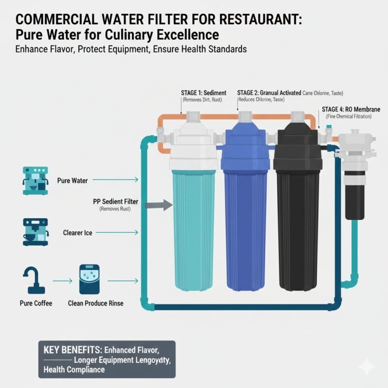 High-performance commercial water filter for restaurant featuring multi-stage purification including pp cotton, ensuring crystal clear water for cafes and dining, expert solutions from a pp cotton household water purifier company.