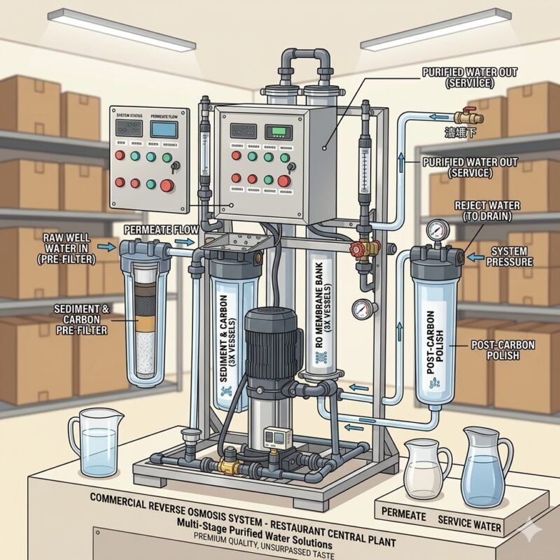 Annotated technical diagram of a commercial water filter for restaurant central plant showing raw well water input, multi-stage filtration with RO membrane bank, and purified water distribution to service lines.