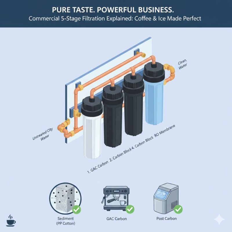 3D diagram of a commercial water filtration system restaurant. yourwatergood systems feature specialized PP cotton and GAC carbon filters to protect expensive commercial kitchen equipment from scale and sediment.