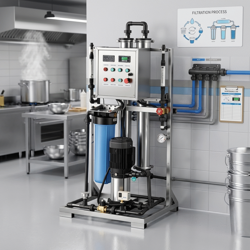 Maintenance-ready commercial water filtration system restaurant station with a filtration process diagram for consistent kitchen performance.