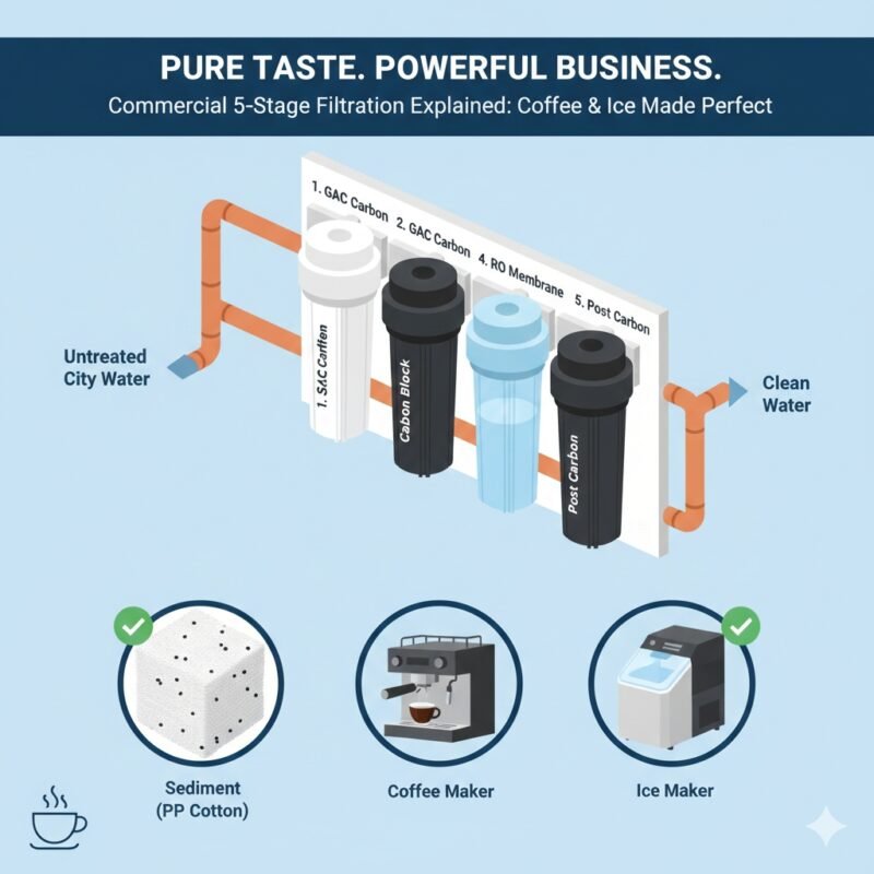 An infographic illustrating the commercial water filtration system restaurant process for food service. yourwatergood commercial filters use advanced RO membranes to deliver crystal clear water for perfect coffee and ice production.