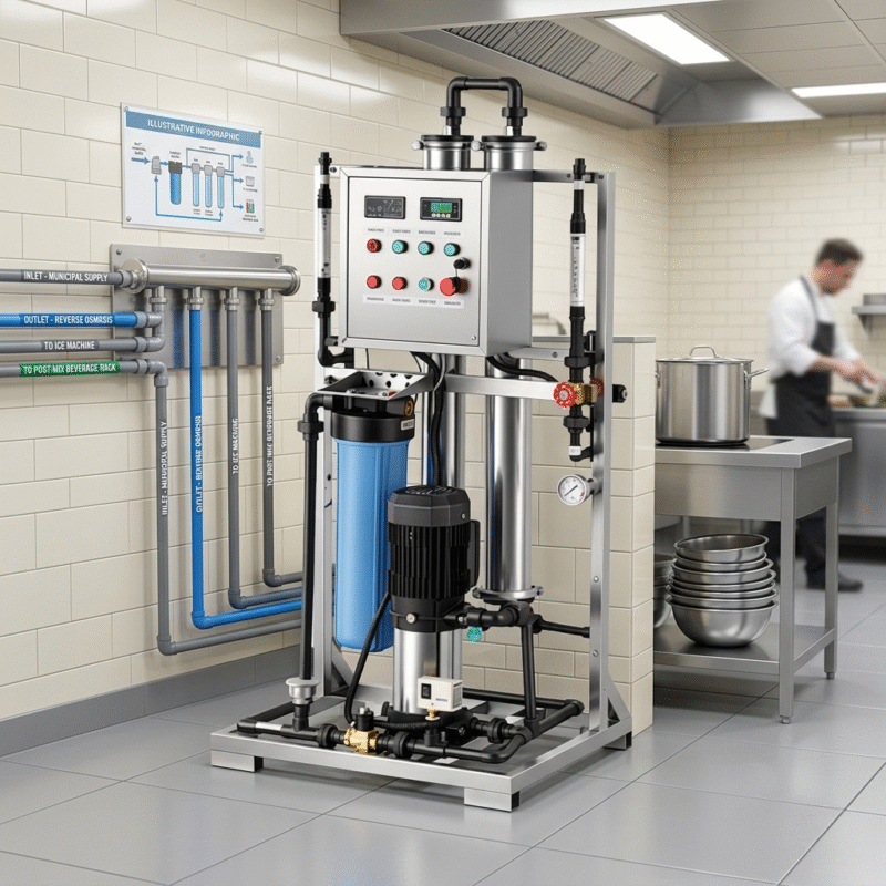 Robust commercial water filtration system restaurant installation featuring clear labeling and piping in a busy industrial kitchen environment.