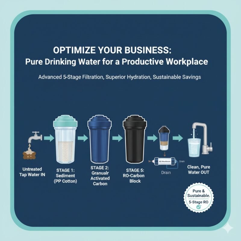 Internal blog illustration featuring the sleek installation of a commercial 5-stage RO drinking water filtration system near a small coffee shop or restaurant prep area, ensuring purified water quality by the pp cotton household water purifier company.