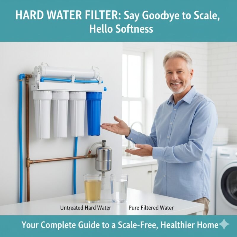 Five stage household water purifier for filtering hard water, showing the system designed to reduce scale and common municipal contaminants for better drinking quality. Recommended solution from a pp cotton household water purifier company.