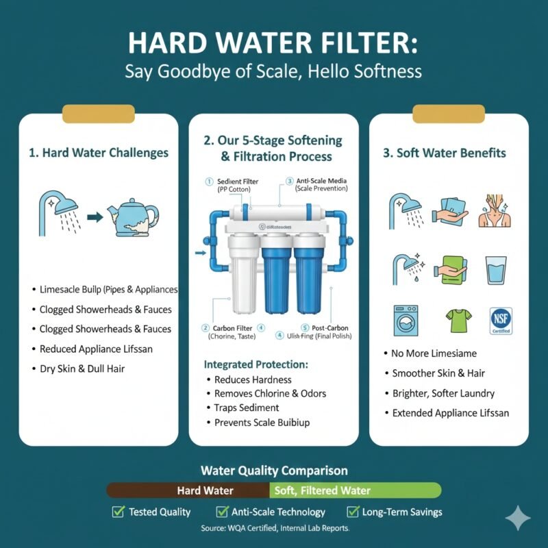 Diagram illustrating the component arrangement of a five stage filter system optimized for hard water, including a pp cotton sediment stage and specialized ion exchange media for scale reduction. Technical guide by a pp cotton household water purifier company.