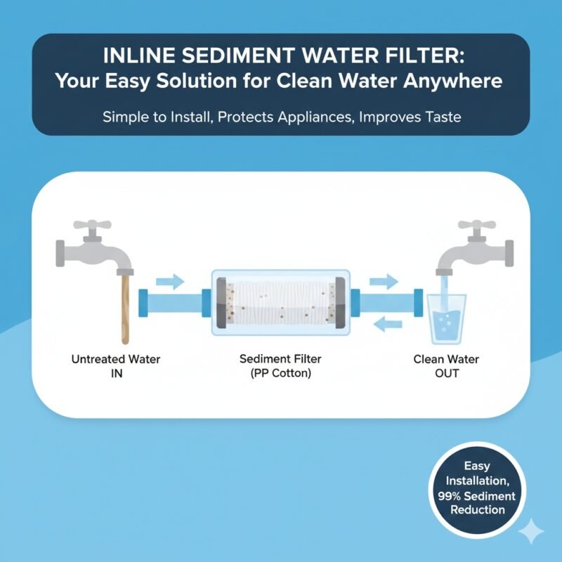 Close-up illustration of a sleek, compact inline sediment water filter connected within a typical household water line, demonstrating easy installation and space-saving design offered by the pp cotton household water purifier company.