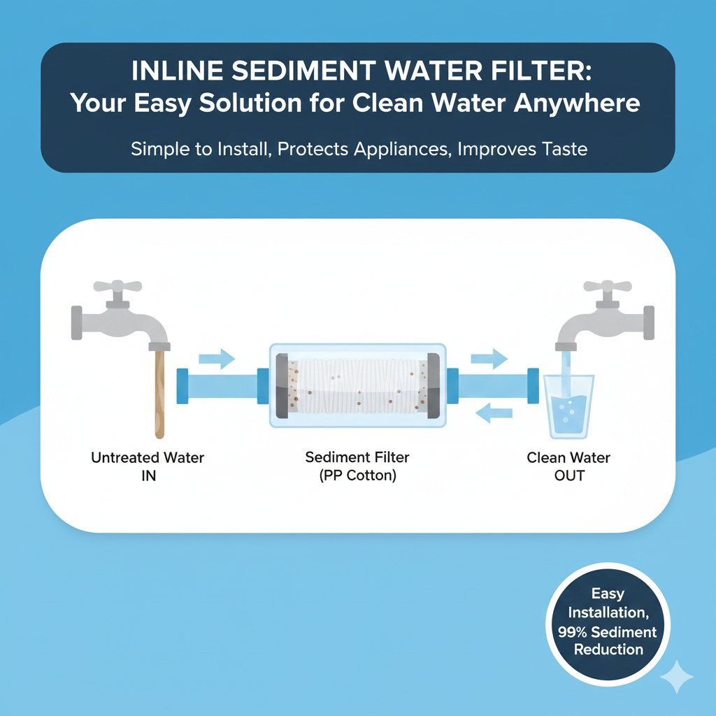 Close-up illustration of a sleek, compact inline sediment water filter connected within a typical household water line, demonstrating easy installation and space-saving design offered by the pp cotton household water purifier company.