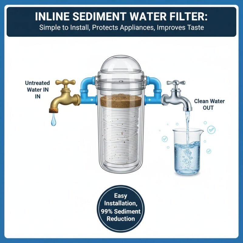 Detailed view of an inline sediment filter (often containing PP cotton) placed as a crucial pre-treatment stage for a residential RO water purifier system, highlighting component protection from the pp cotton household water purifier company.