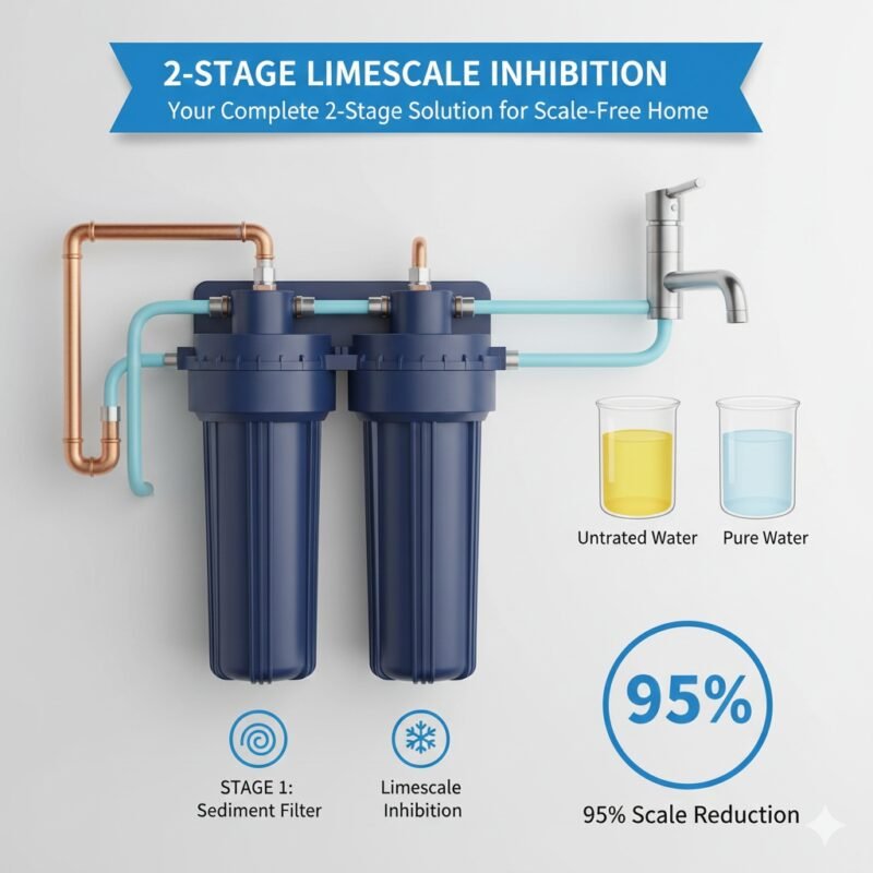 An original image of a 2-stage pp cotton household water purifier with a limescale filter, highlighting clean water flowing out and effectively combating hard water deposits, ideal for a blog post from a reliable water purifier company.