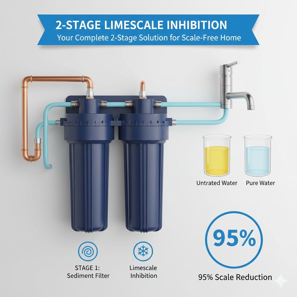An original image of a 2-stage pp cotton household water purifier with a limescale filter, highlighting clean water flowing out and effectively combating hard water deposits, ideal for a blog post from a reliable water purifier company.