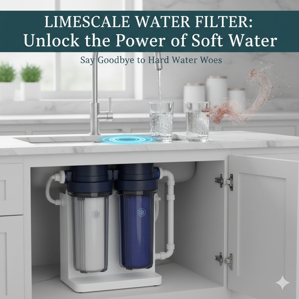 An original blog cover image depicting a compact limescale water filter system actively softening hard water, emphasizing the removal of calcium and magnesium, suitable for products from a pp cotton household water purifier company.