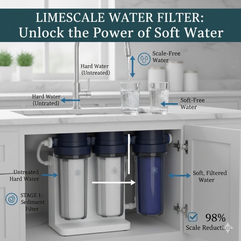 Illustration of a simple, effective limescale water filter installation under a sink, featuring PP cotton technology, demonstrating an ideal solution offered by a dedicated pp cotton household water purifier company.