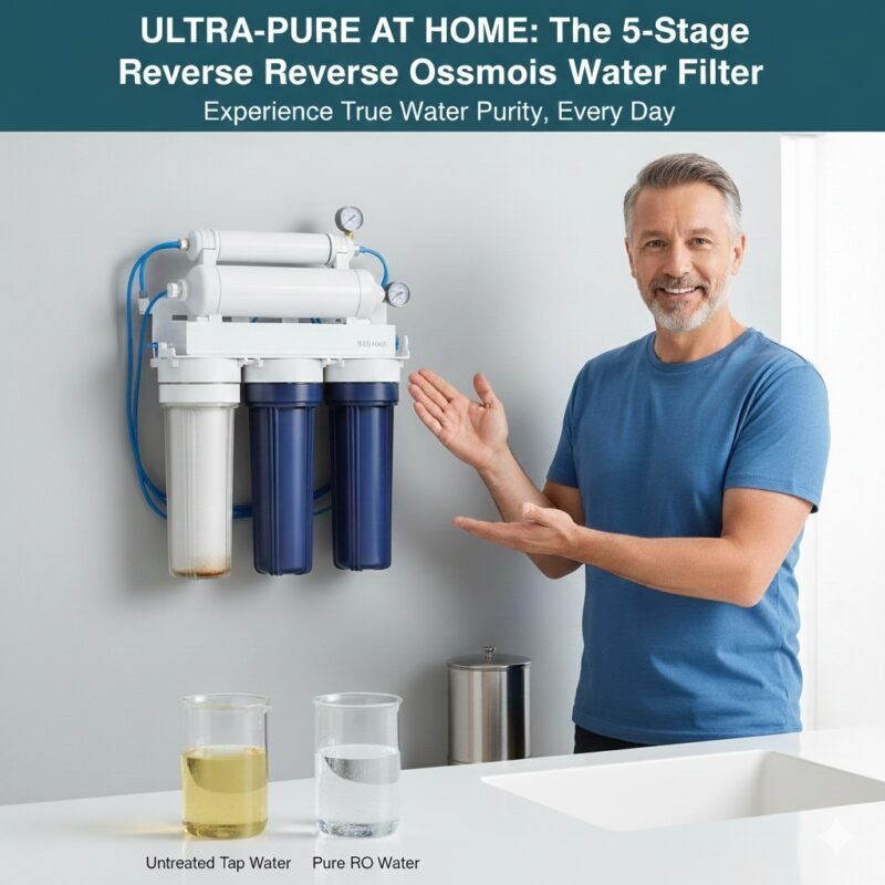 5 stage reverse osmosis water filter system installed under a sink, featuring the RO membrane and the five filter cartridges for comprehensive contaminant removal. High-purity water solution from a pp cotton household water purifier company.
