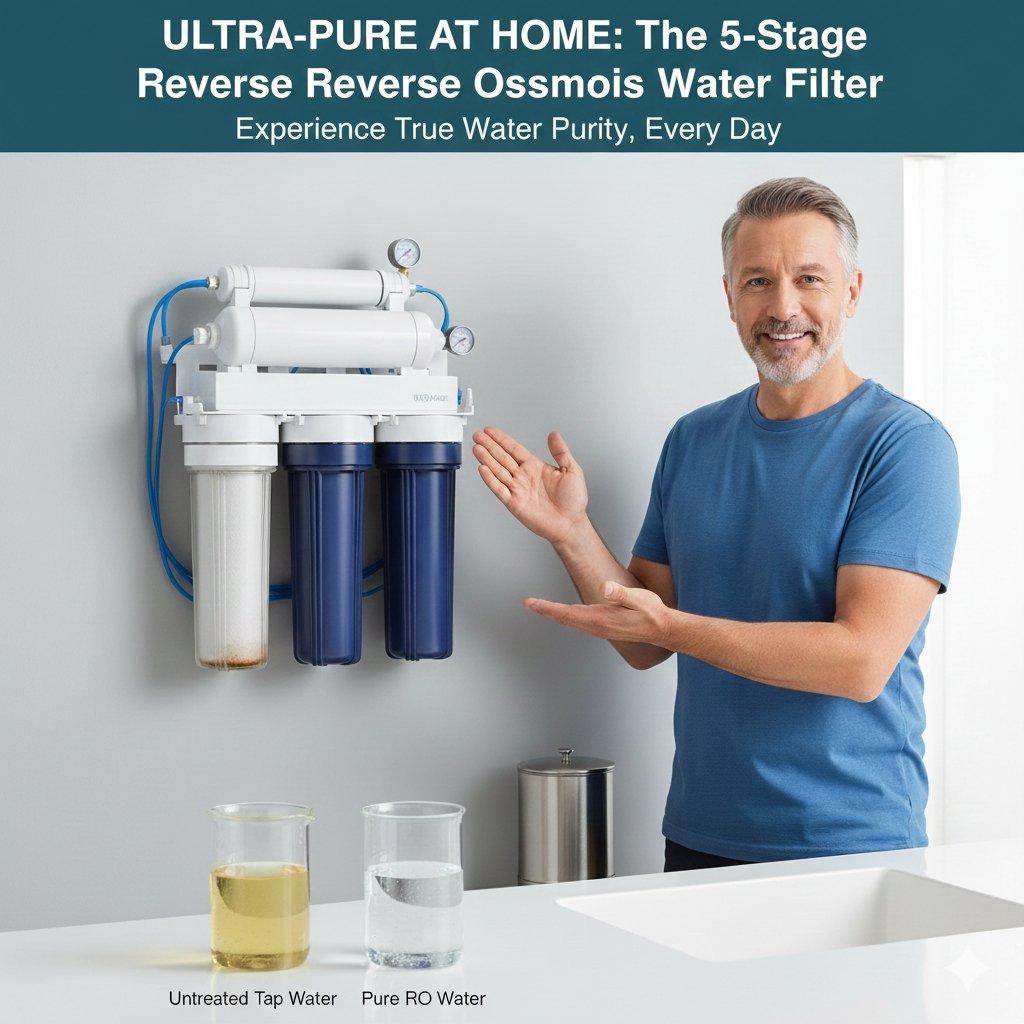 5 stage reverse osmosis water filter system installed under a sink, featuring the RO membrane and the five filter cartridges for comprehensive contaminant removal. High-purity water solution from a pp cotton household water purifier company.