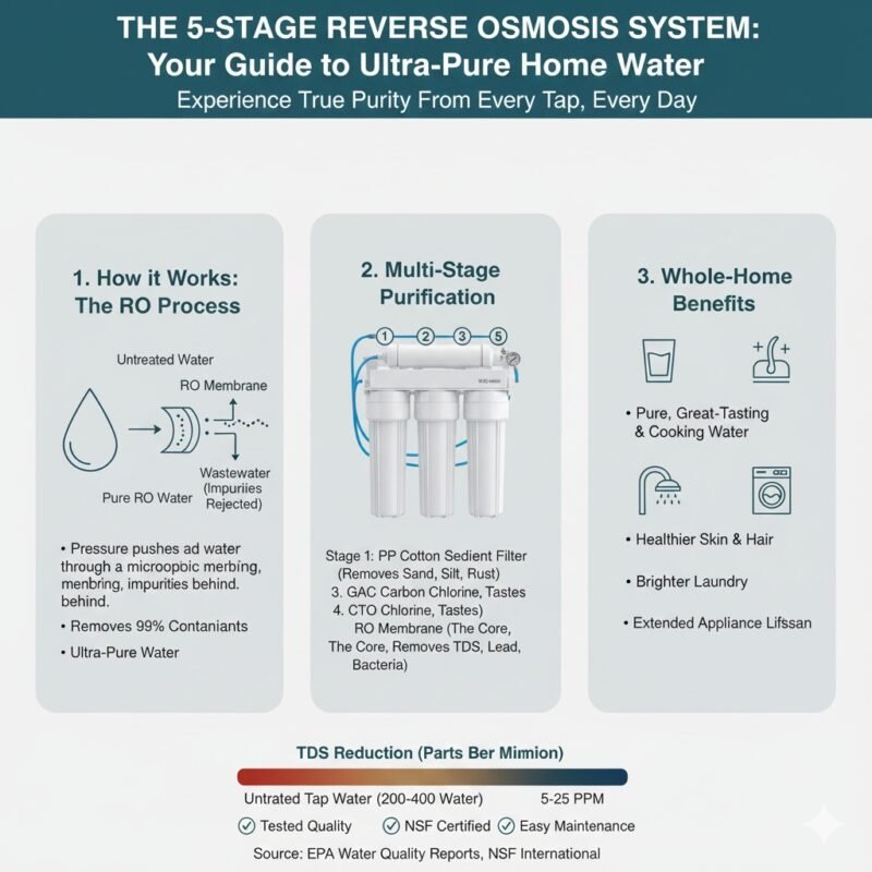 Detailed cutaway diagram of a 5 stage reverse osmosis water filter, clearly showing the sequential filtration stages including the pp cotton pre-filter, carbon blocks, and the crucial RO membrane. Expert insight from a pp cotton household water purifier company.