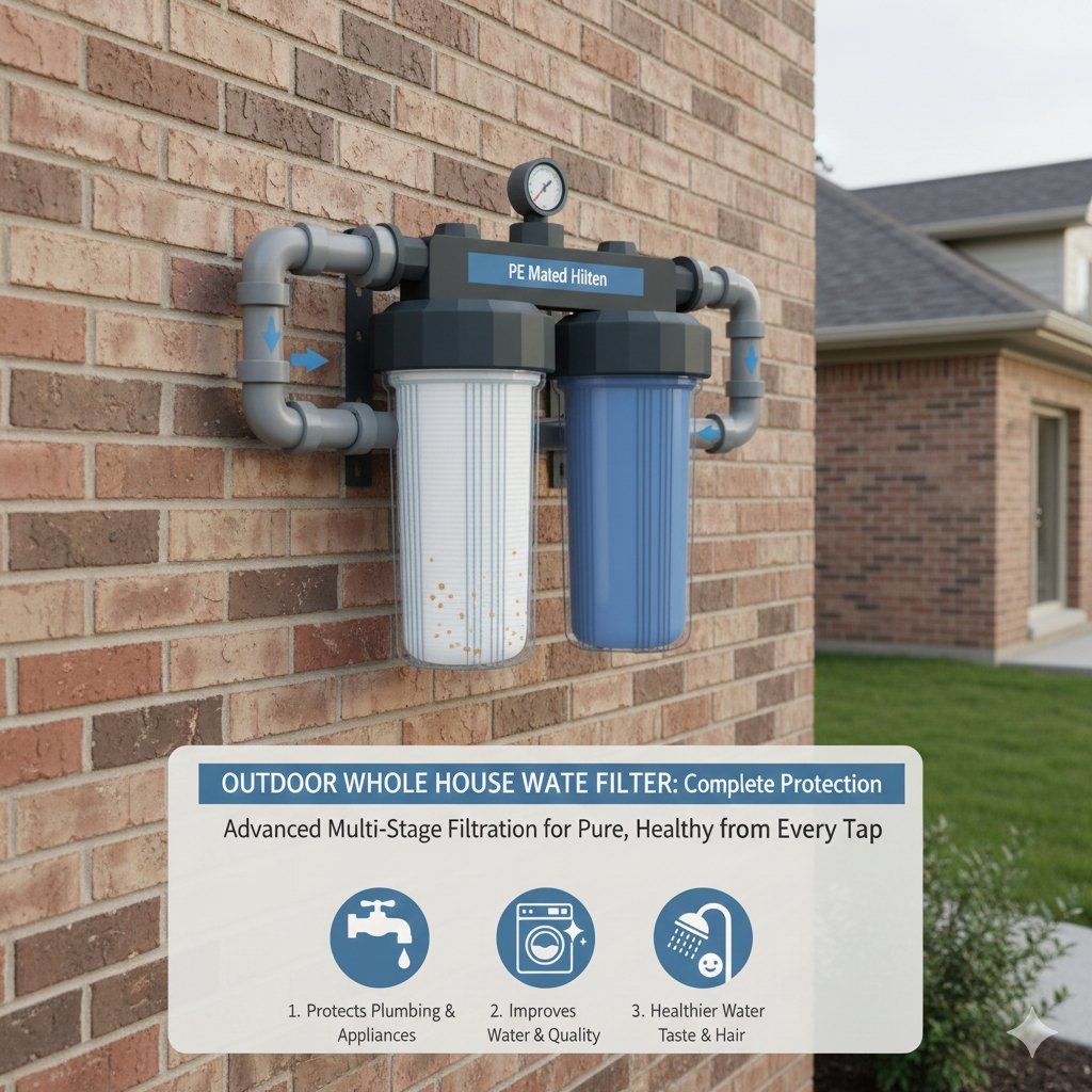 A sleek and compact outdoor whole house water filter as the primary sediment barrier for a modern home, provided by an expert pp cotton household water purifier company for pure domestic water.