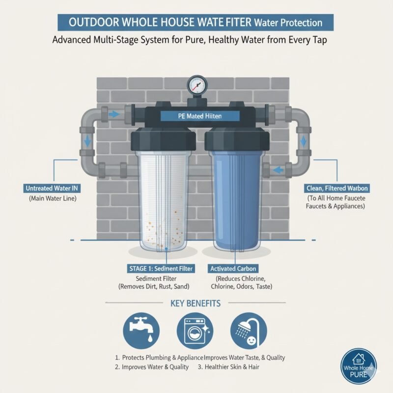 Durable outdoor whole house water filter system installed at the main water inlet to protect home plumbing, manufactured by a top pp cotton household water purifier company for clean water.