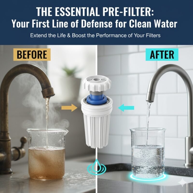 An original cover image focusing on a durable, clear housing of a sediment pre filter, demonstrating the initial stage of water purification, protecting household systems, essential for a leading pp cotton household water purifier company.