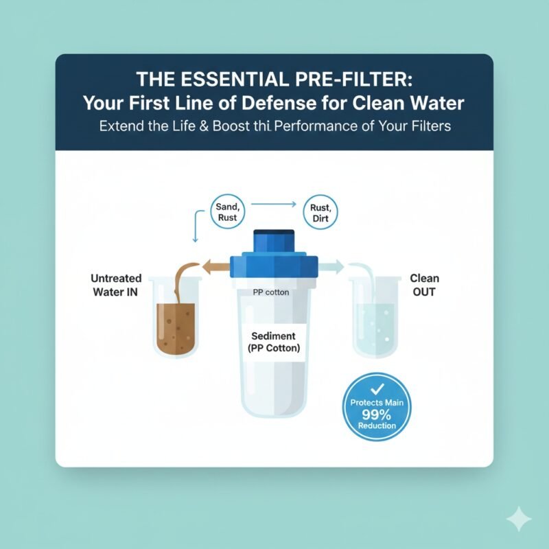 Close-up artistic illustration of a tightly wound PP cotton cartridge, which functions as the core pre filter element, capturing large particles, showcasing the quality components used by the pp cotton household water purifier company.