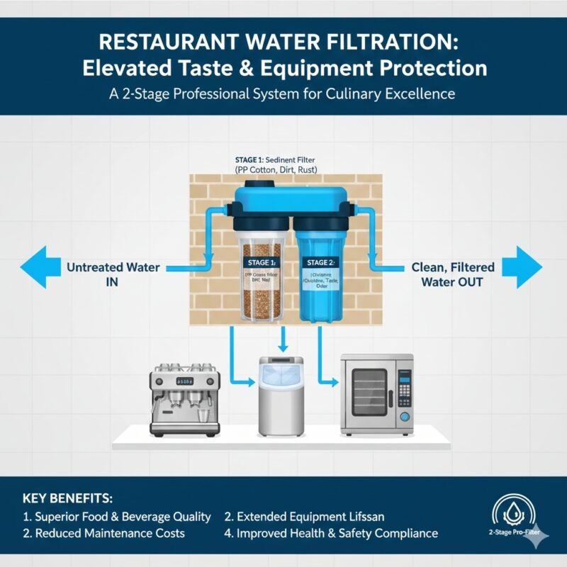 A sleek 2-stage restaurant water filtration unit installed in a cafe kitchen for premium beverage taste, provided by an expert pp cotton household water purifier company for high-volume use.