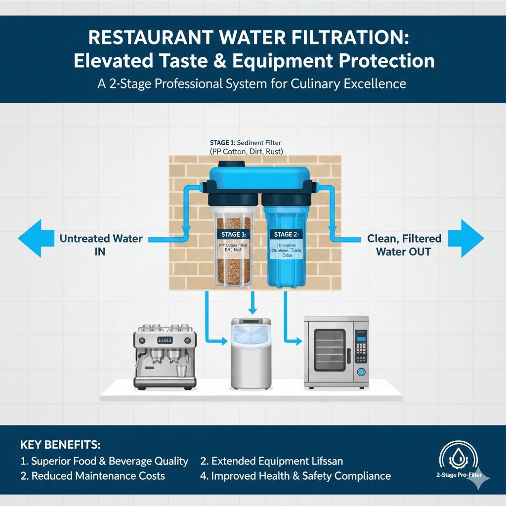 A sleek 2-stage restaurant water filtration unit installed in a cafe kitchen for premium beverage taste, provided by an expert pp cotton household water purifier company for high-volume use.