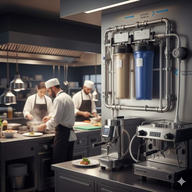 Professional two-stage restaurant water filtration system with dual housings to ensure clean cooking water, manufactured by a leading pp cotton household water purifier company for small businesses.