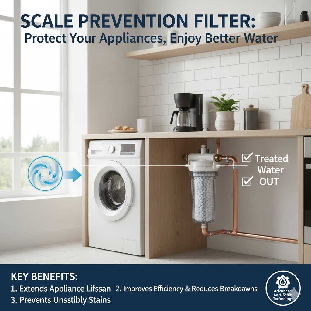 Efficient scale prevention filter installed in a modern kitchen to prolong the life of coffee makers and kettles, provided by an expert pp cotton household water purifier company for high-quality water.