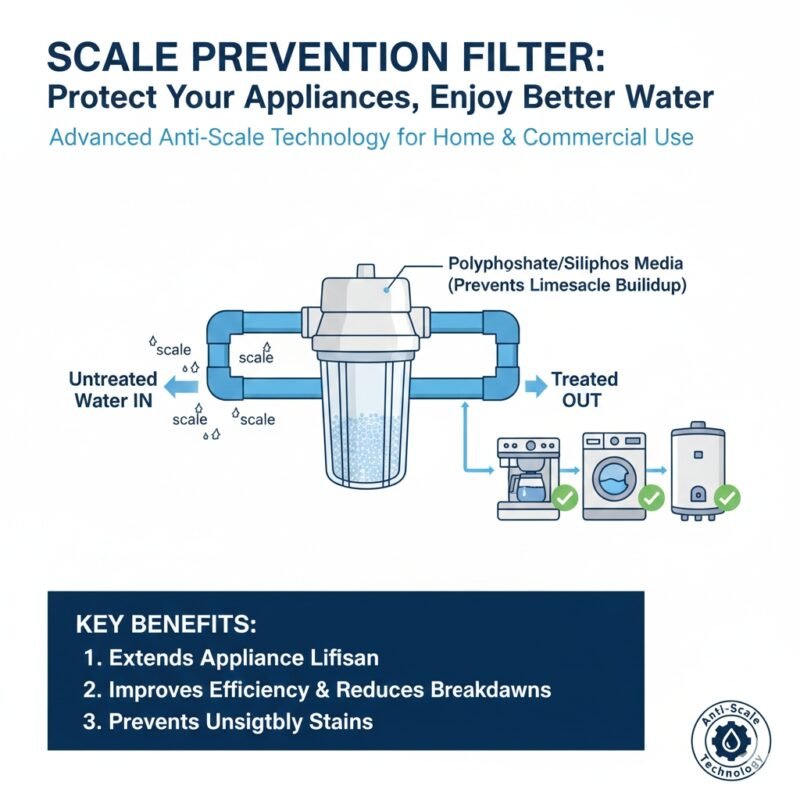 A specialized scale prevention filter cartridge with visible anti-scale media designed to protect home appliances from hard water, produced by a professional pp cotton household water purifier company.