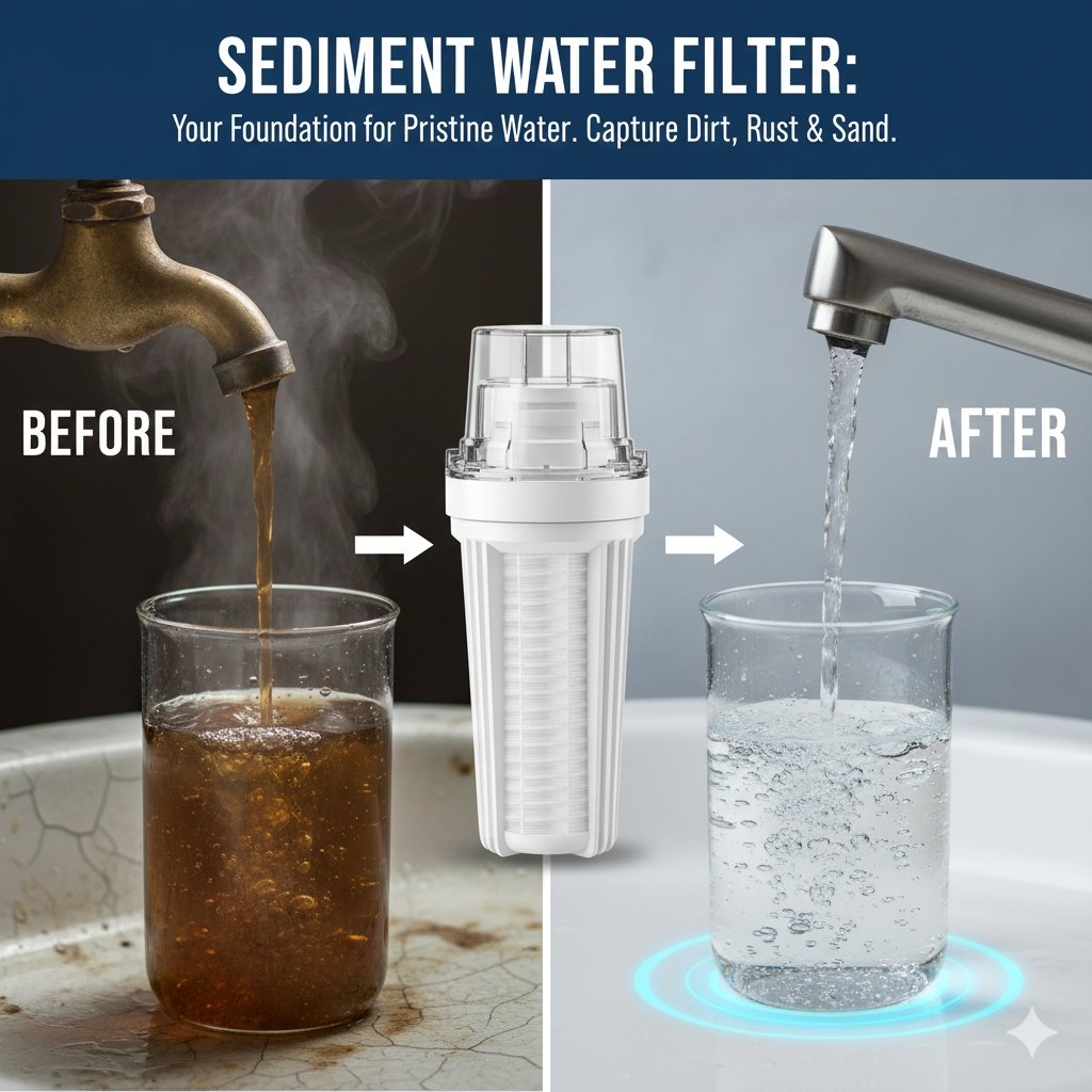 A clean, focused cover image of a sediment water filter housing with a visible, effective cartridge, demonstrating the initial defense against dirt and debris in household systems, offered by a leading pp cotton household water purifier company.