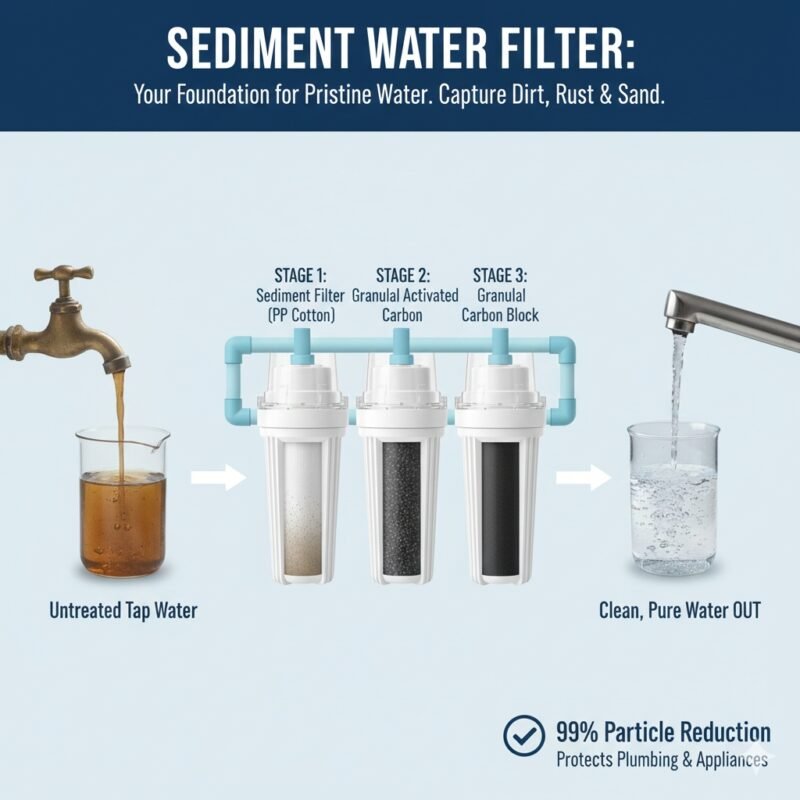 Illustrative image contrasting murky, unfiltered water with clear, purified water that has passed through a sediment water filter, emphasizing the performance of the systems available from the pp cotton household water purifier company.