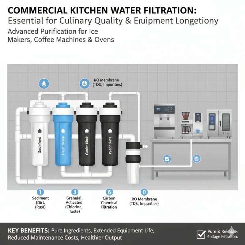 Heavy-duty water filter commercial kitchen system installed near a preparation area, ensuring pure water for food safety and coffee brewing from a professional pp cotton household water purifier company.