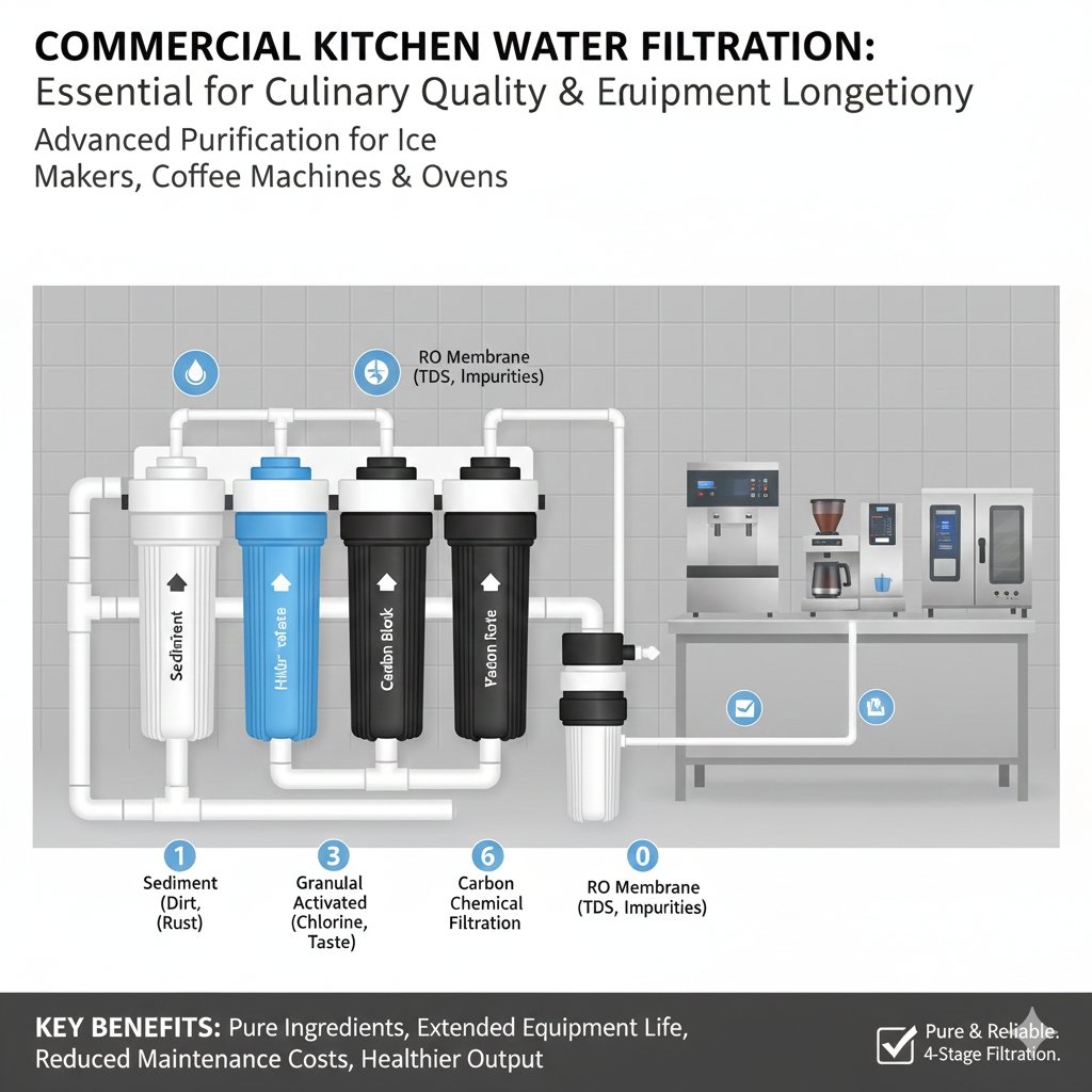 Heavy-duty water filter commercial kitchen system installed near a preparation area, ensuring pure water for food safety and coffee brewing from a professional pp cotton household water purifier company.