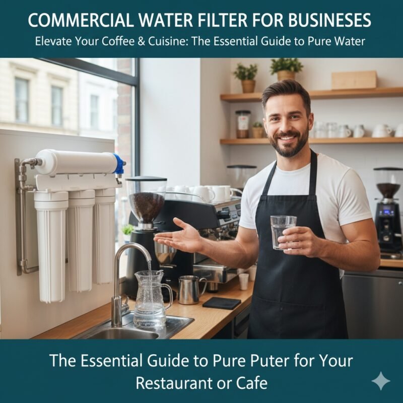 Water filter for commercial use installed in a small business setting like a coffee shop kitchen, emphasizing high-volume, reliable filtration for beverages and food service. Essential equipment from a pp cotton household water purifier company.