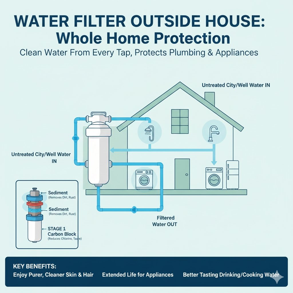 A robust water filter outside house installation showing a whole-house sediment filter with a protective casing, expertly designed by a pp cotton household water purifier company to ensure clean source water.