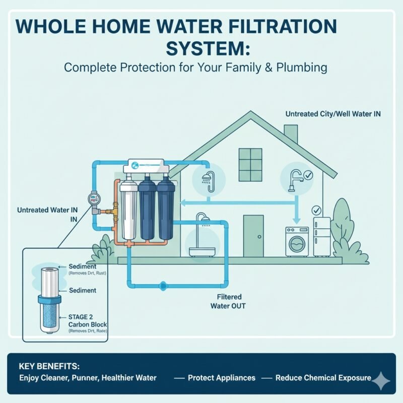 Modern residential water filter outside house setup near the main water inlet, featuring high-capacity filtration components from a professional pp cotton household water purifier company for pure domestic water.