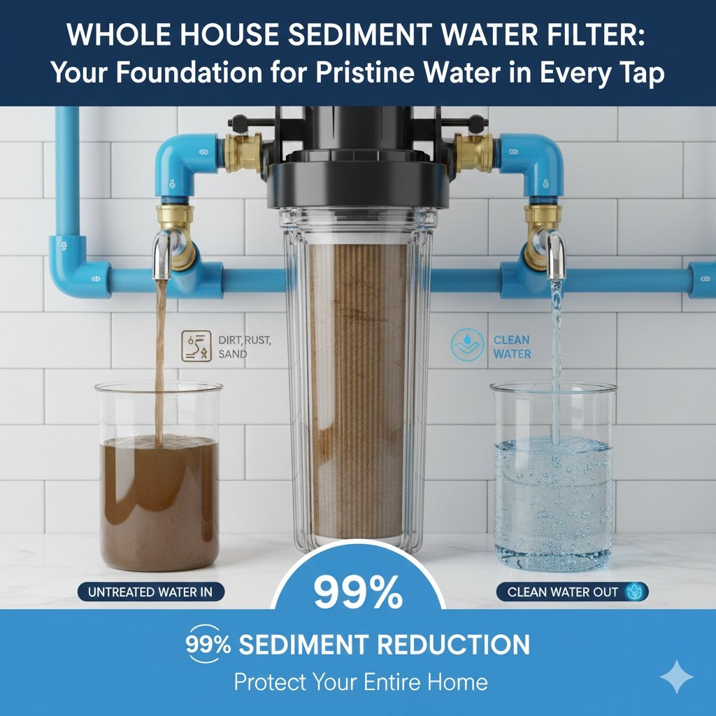 An original, high-angle image of a robust whole house sediment water filter unit, prominently installed at the main water inlet of a home, showcasing comprehensive protection offered by a pp cotton household water purifier company.