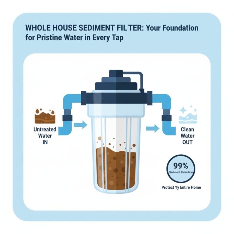 Diagrammatic cross-section of a whole house sediment water filter, highlighting the large-capacity PP cotton cartridge and high flow rate design, illustrating the superior technology available from the pp cotton household water purifier company.