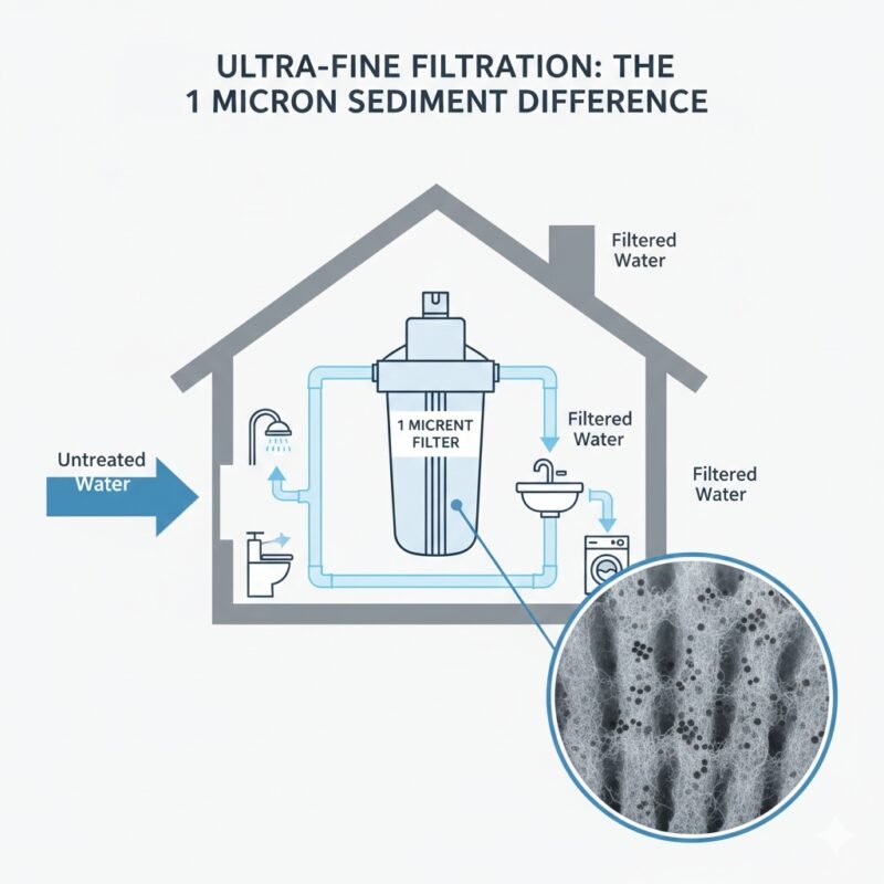 A clean, minimalist view of a 1 micron sediment water filter cartridge. Provided by a leading PP cotton household water purifier company to ensure high-clarity water for homes, small restaurants, and coffee shops.