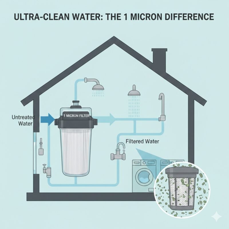 Close-up of a 1 micron water filter showing its dense fibrous structure. This PP cotton household water purifier company product effectively captures microscopic particles, protecting your RO systems and appliances.