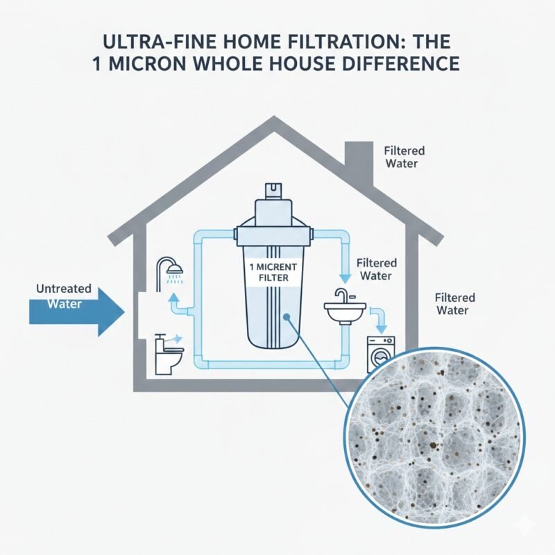 Diagram showing a 1 micron whole house water filter protecting a home's water supply. This PP cotton household water purifier company solution captures ultra-fine sediment to keep your showers and sinks clean.