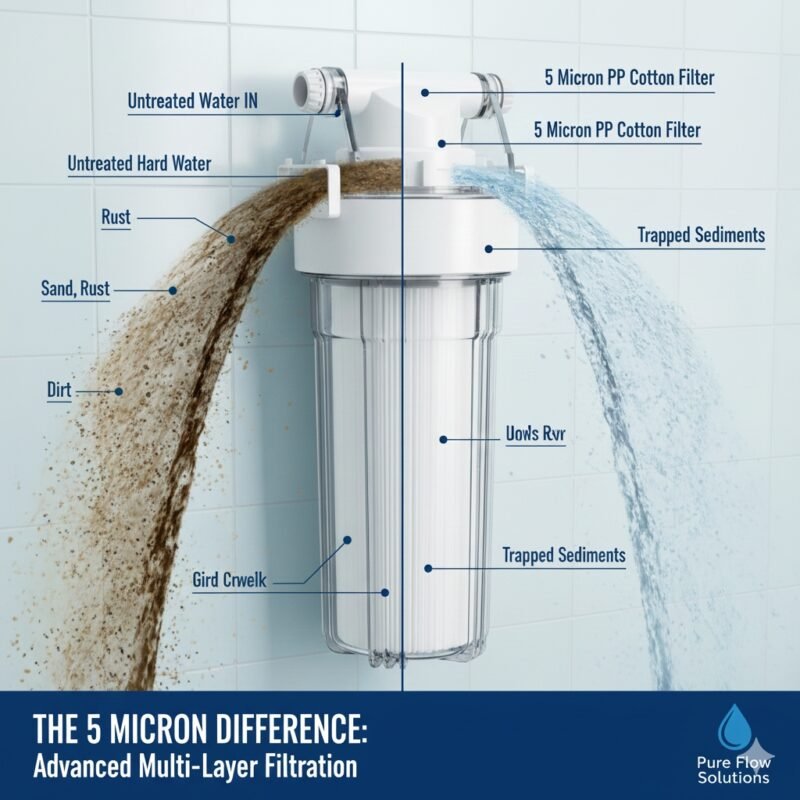 Detailed view of a 5 micron water filter installed in a transparent housing to protect home appliances, designed by a professional pp cotton household water purifier company.